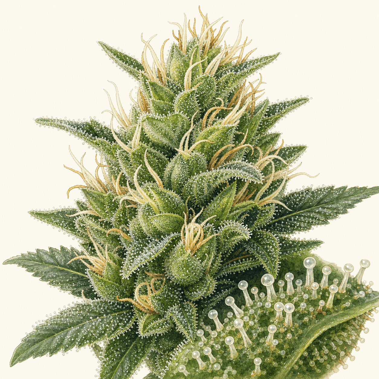 Botanische Makroillustration einer weiblichen Cannabisblüte mit Bud, gezackten Zuckerblättern, hellen Narbenästen und deutlich sichtbaren gestielten Drüsentrichomen