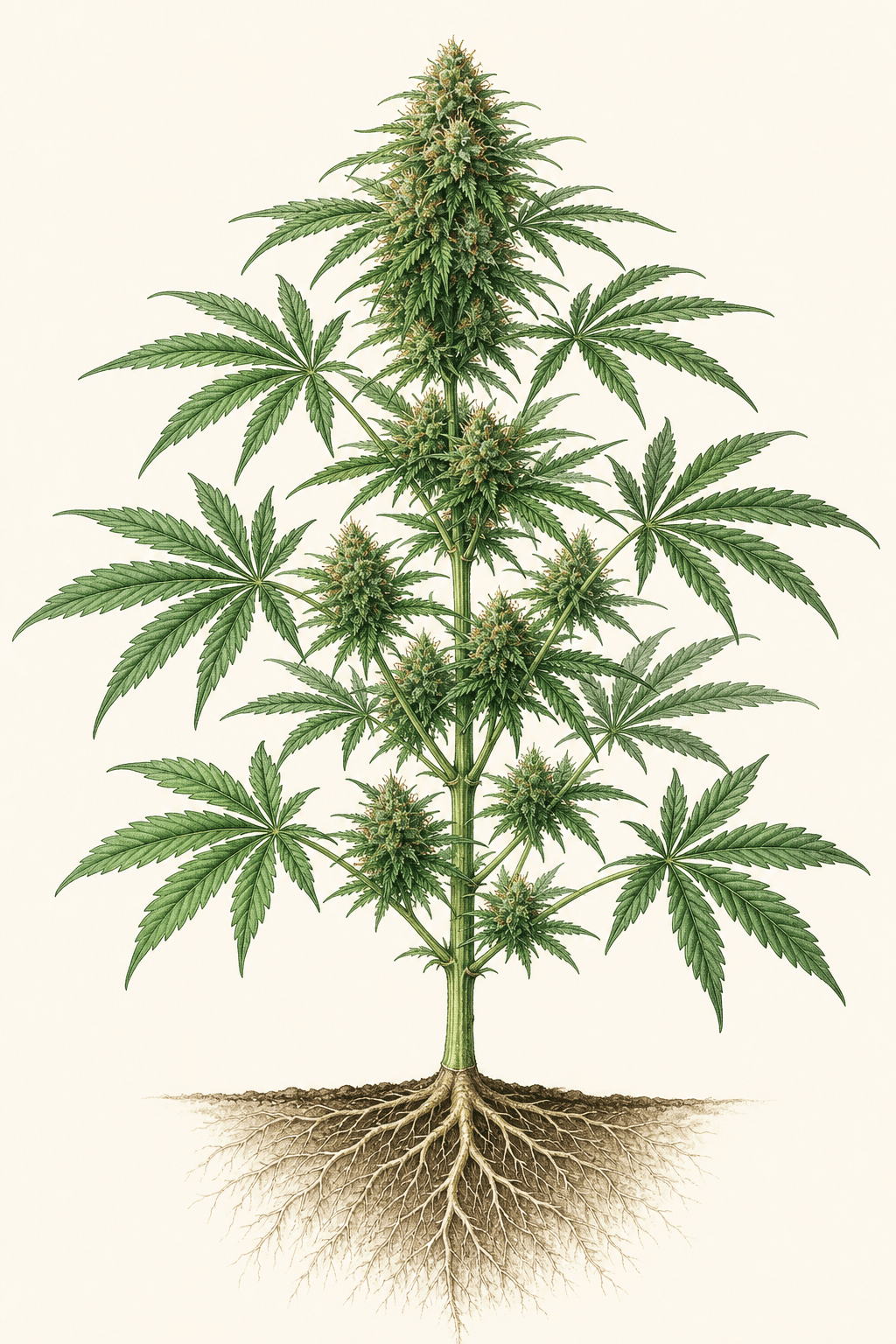 Botanische Illustration einer blühenden weiblichen Cannabispflanze mit Wurzeln, Hauptstamm, Seitentrieben, gezackten Fächerblättern und mehreren Blütenständen