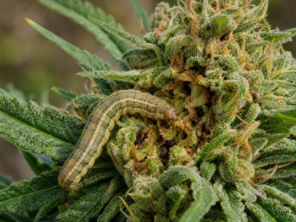 Gestreifte blütenfressende Raupe mit Fraßstelle und dunklen Kotkrümeln in einer Cannabisblüte