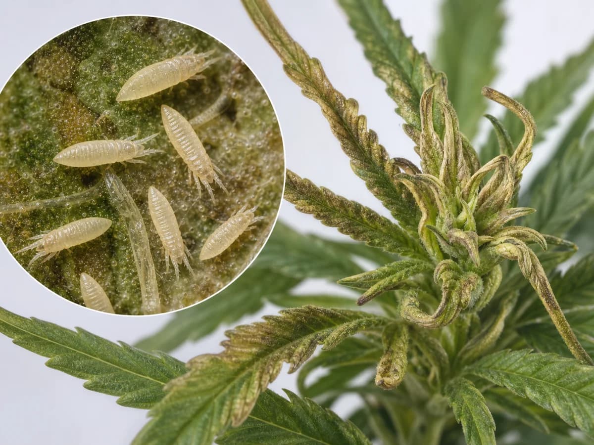 Mikroskopisch vergrößerte, keilförmige Hanf-Rostmilben neben einem verformten und bronzierten Cannabistrieb