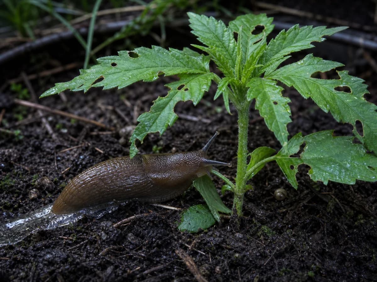 Braune Nacktschnecke, silbrige Schleimspur und unregelmäßige Fraßlöcher an einer jungen Cannabispflanze